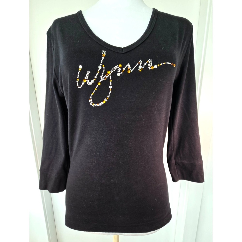 Y2K Rhinestone 3/4 Sleeves Cotton Top V Neck Black Sz L